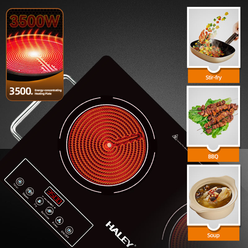 Plită Ceramica HALEY, 2 Ochiuri – 3500W, Geam Cristal Negru, Timer, Control Tactil, Oprire Automată